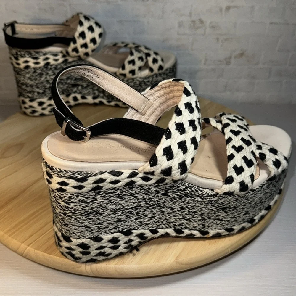 Free People Dolce Platform Wedge Woven Black White Boho Espadrille Sandal Shoes